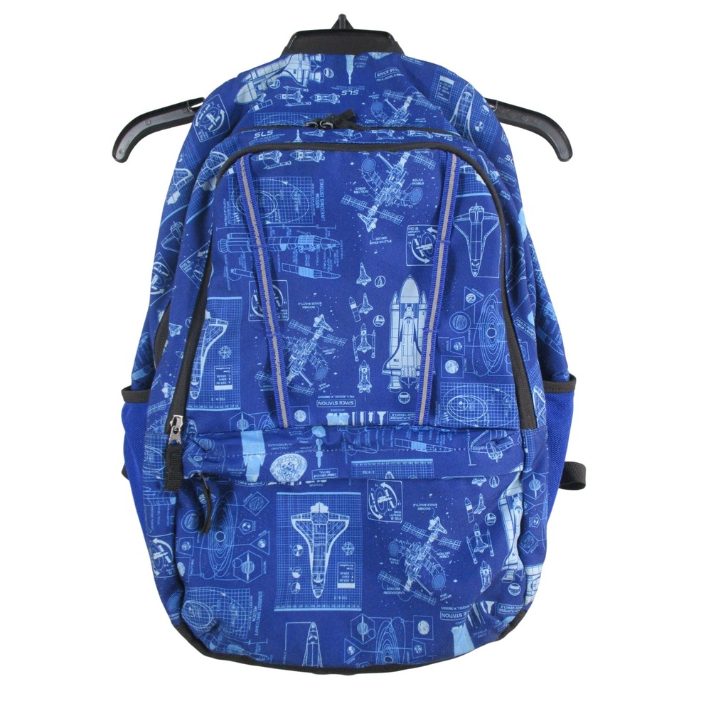 Lands End Boys Blue Space Shuttle Blueprint ClassMate Backpack Reflective Trim